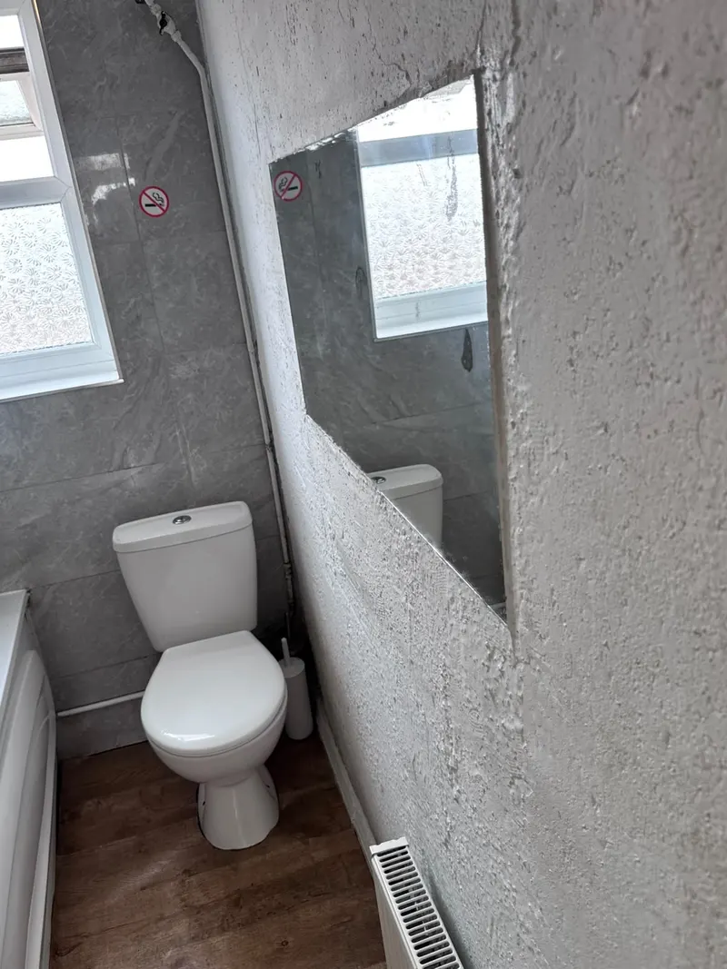 Bathroom toilet, mirror and radiator