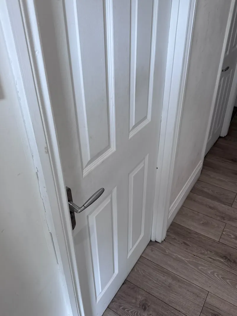 Hallway with white doors and wood-effect flooring