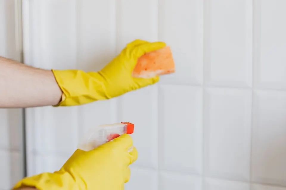 Gloved hands cleaning wall tiles